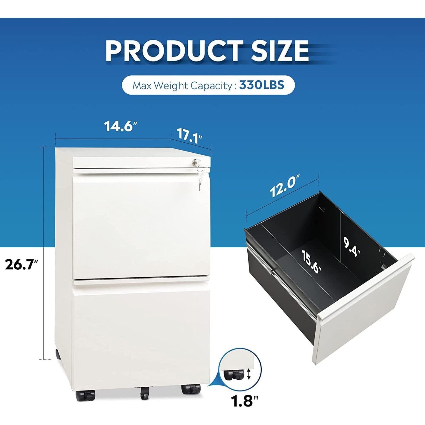 White Lockable File Cabinet With 2 Drawers Under Desk