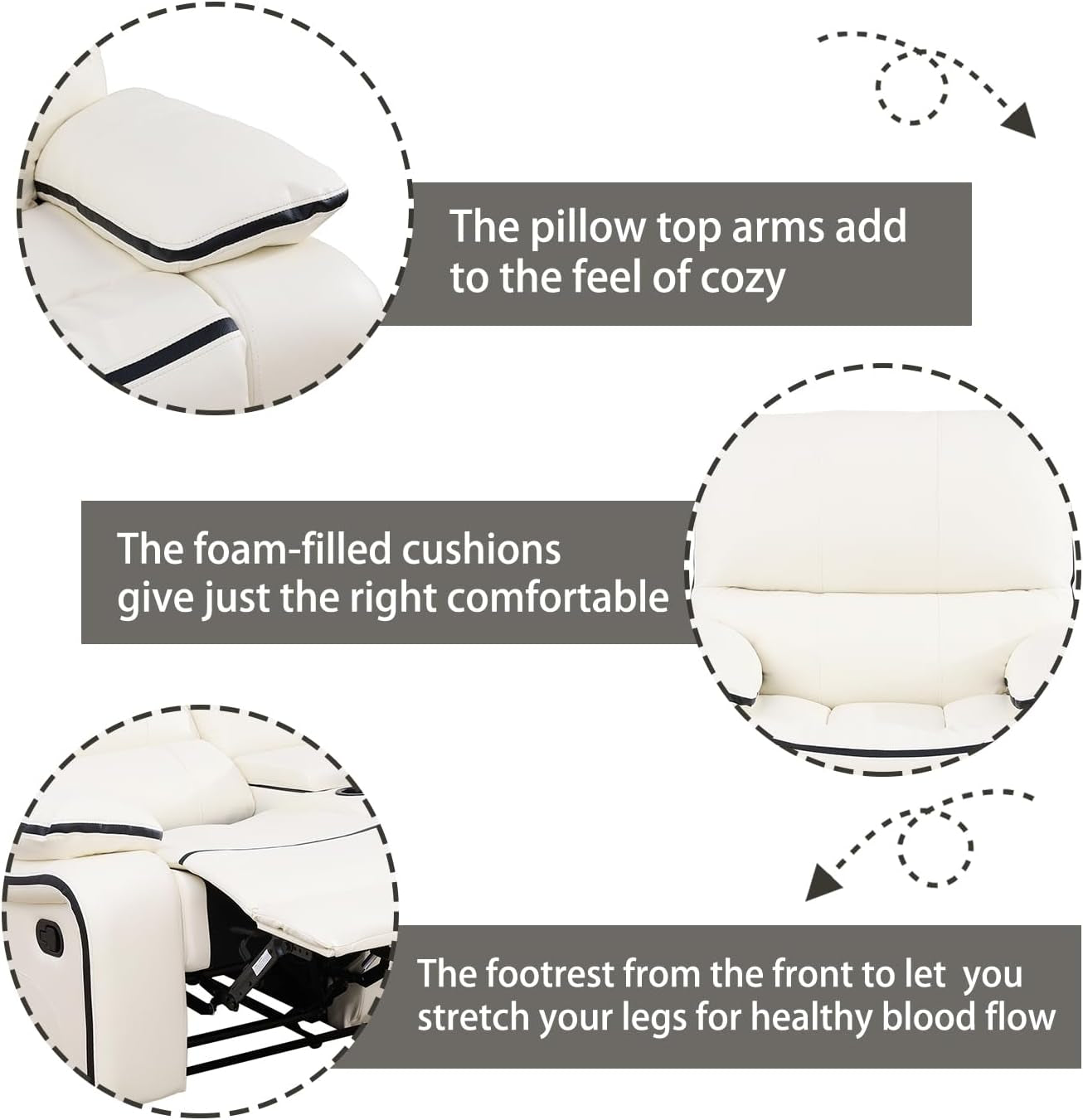Cream White Bonded Leather Recliner Sofa Set With Manual Recliner