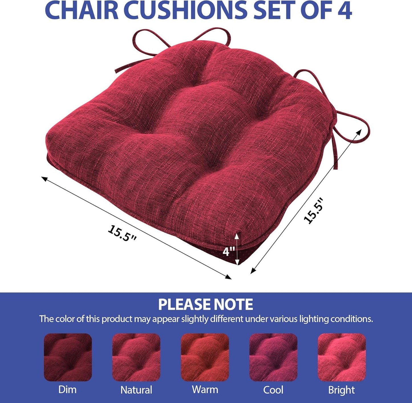 Red Tufted Memory Foam Chair Cushions 4 Pack Non Slip Ties