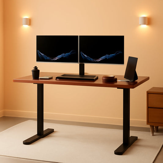 60 Inch Electric Height Adjustable Desk Dark Walnut Top Black Frame