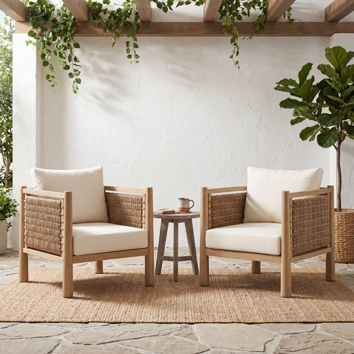 Set of 2 Outdoor Acacia Wood Dining Chairs with Woven Seats