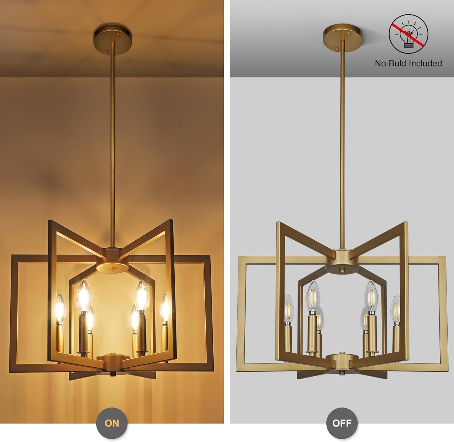 Six Light Gold Pendant Light Modern Farmhouse Chandelier in on and off states, showcasing its stylish design.