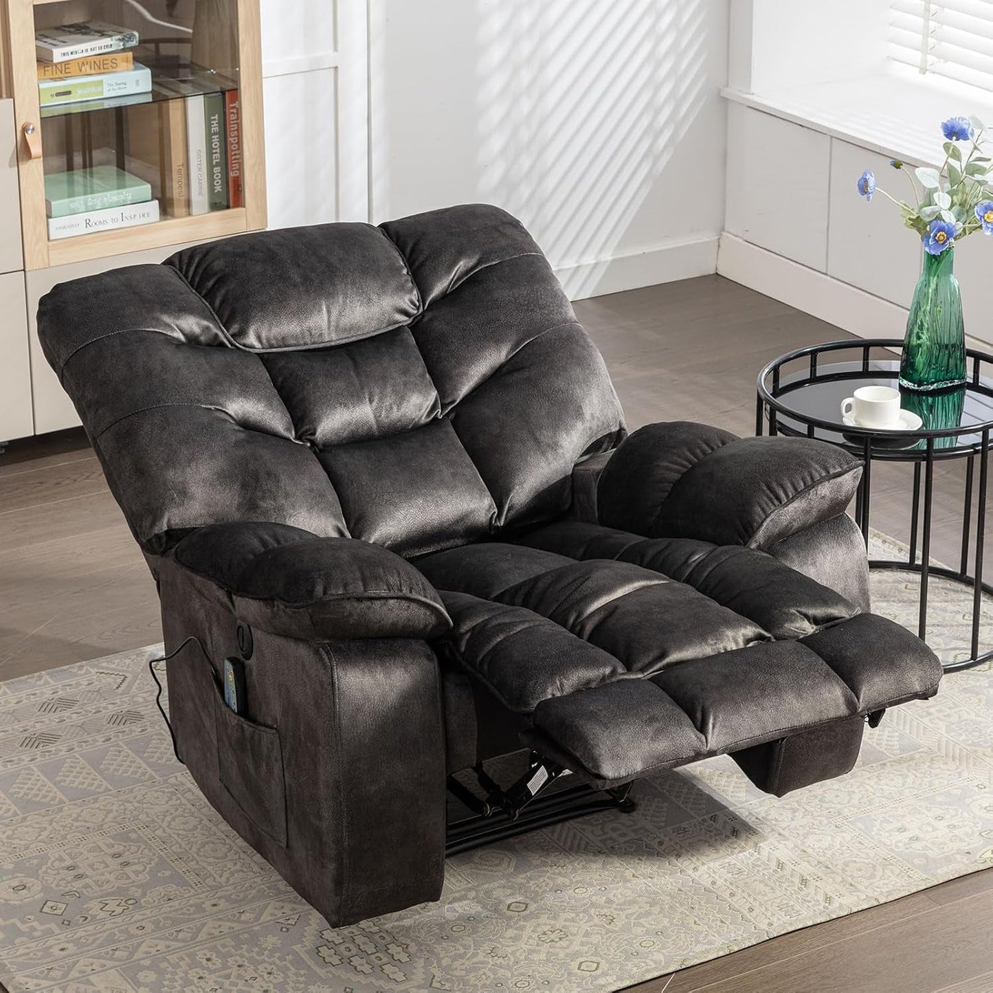 Oversized 41 Inch Power Recliner With Massage And Heat in a modern living room setting.