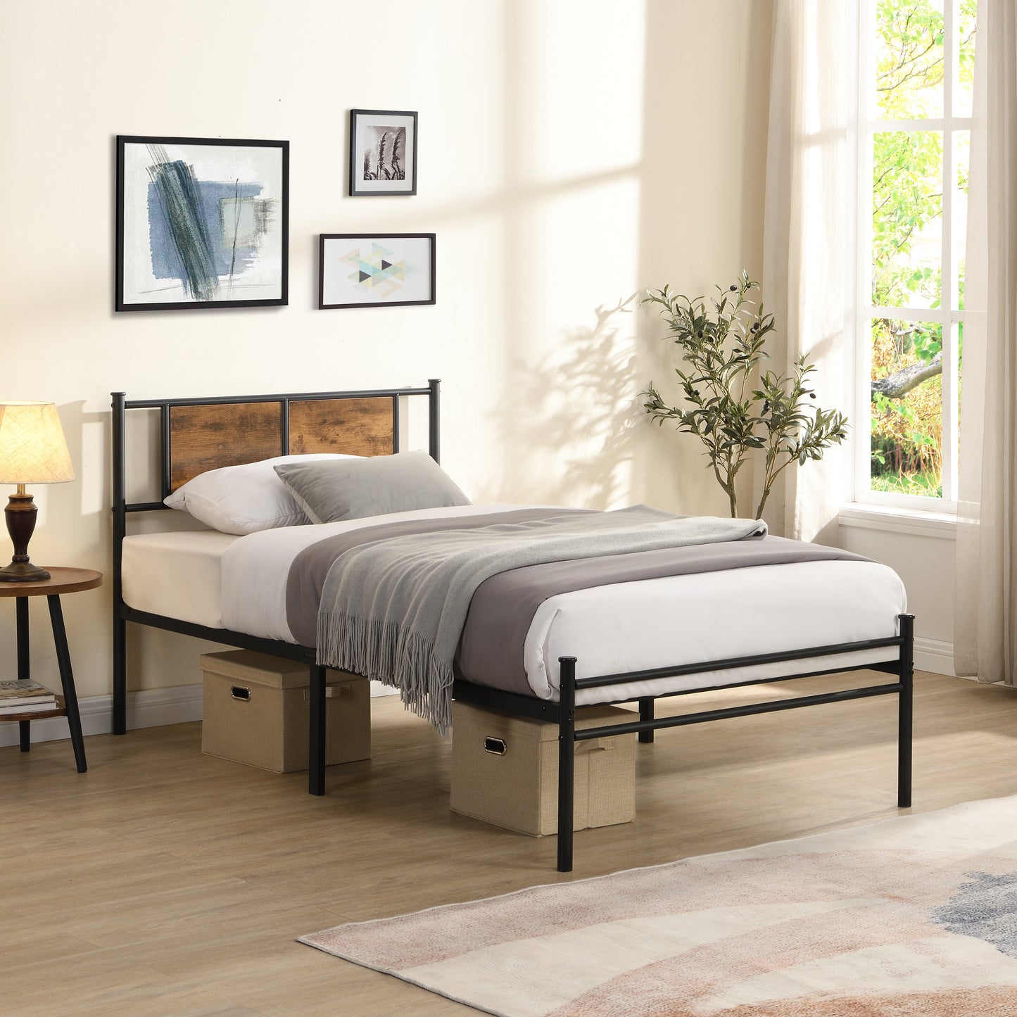 Twin Size Metal Bed Frame with Wood Panel Headboard