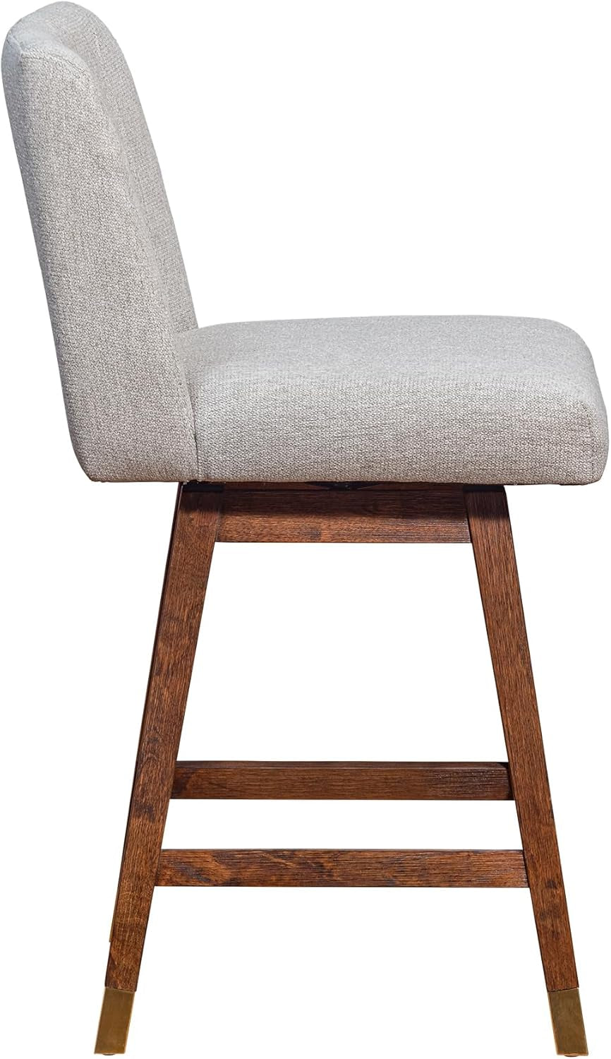 Basila 26 Inch Seat Height Swivel Bar Stool Taupe Fabric side view showcasing modern design and sturdy rubberwood construction.