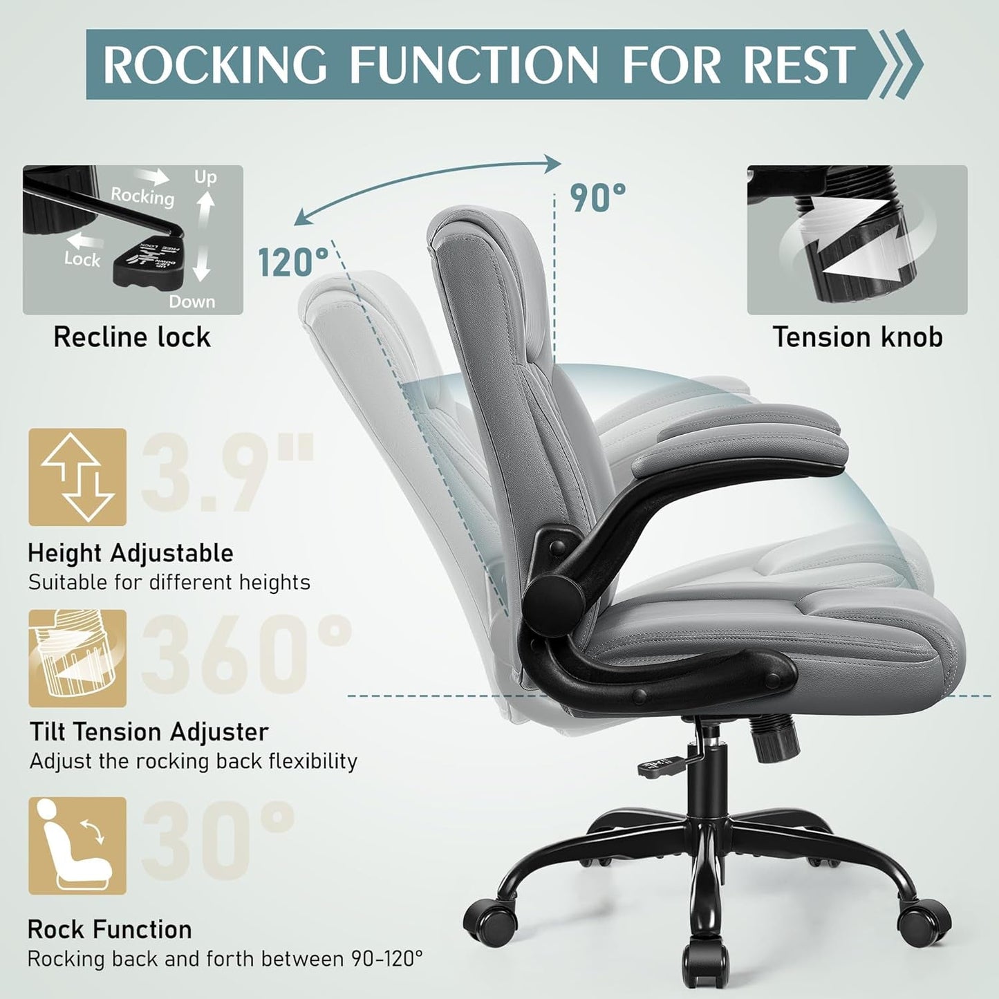 Gray PU Leather Office Chair With Ergonomic Back Support