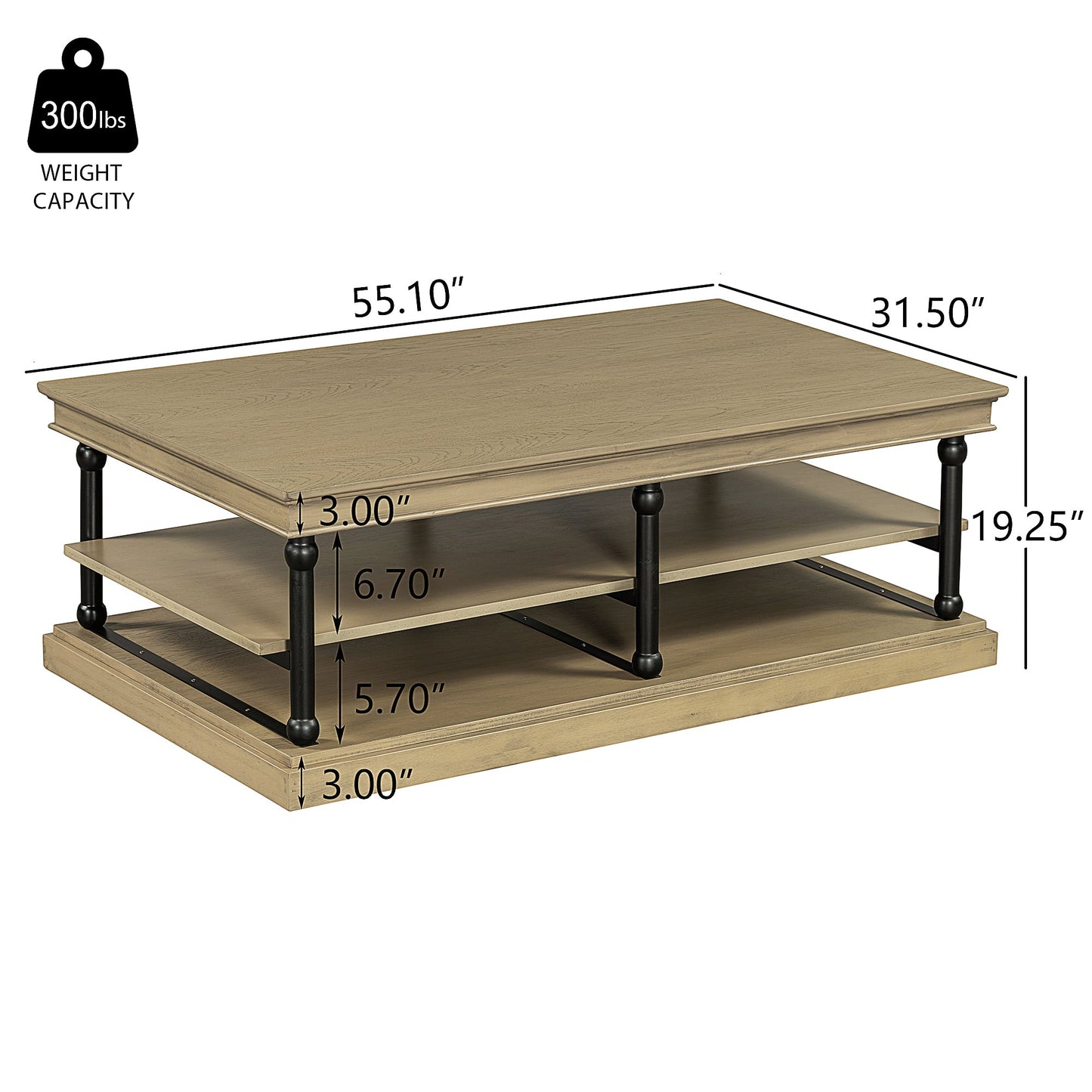55.1" Wood Coffee Table with Open Shelves