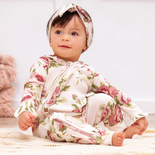 Baby Girl's Cabbage Rose Cotton Zippered Romper