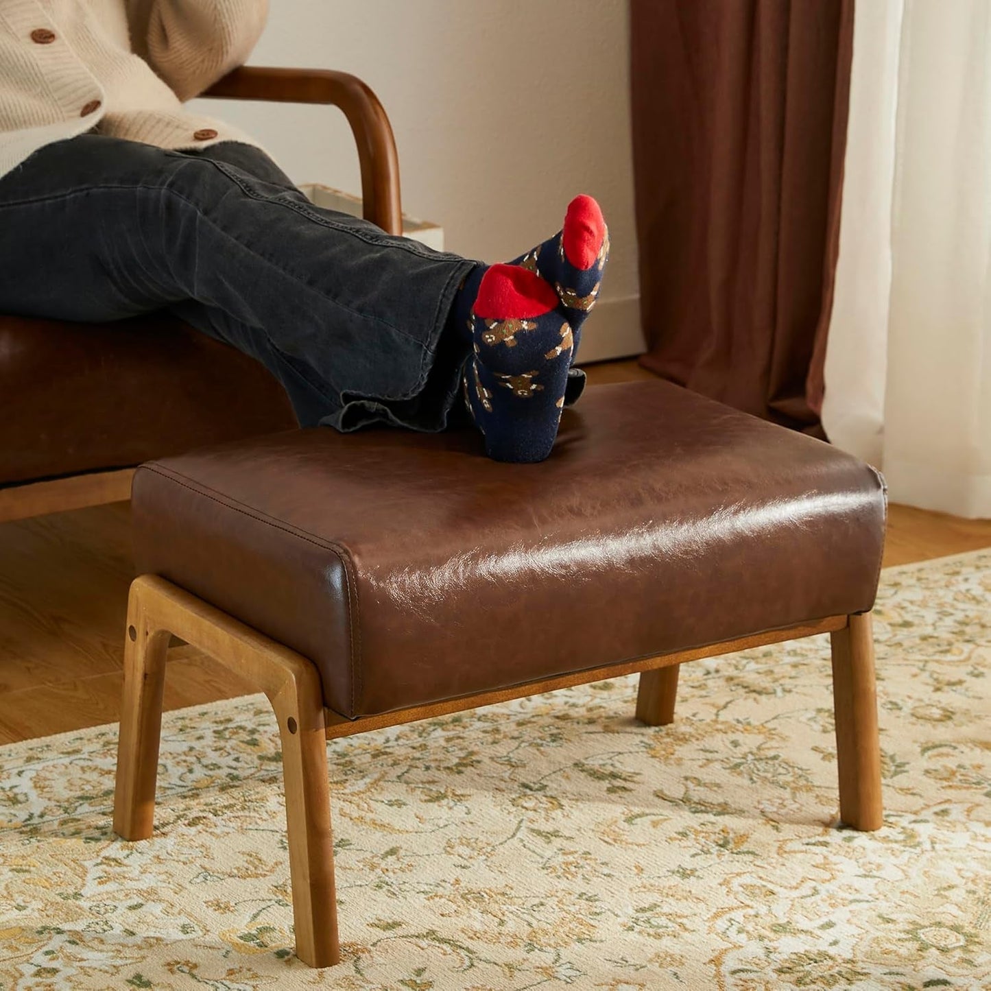 Rectangular Leather Ottoman Bench Twenty Four Point Five Inches Walnut