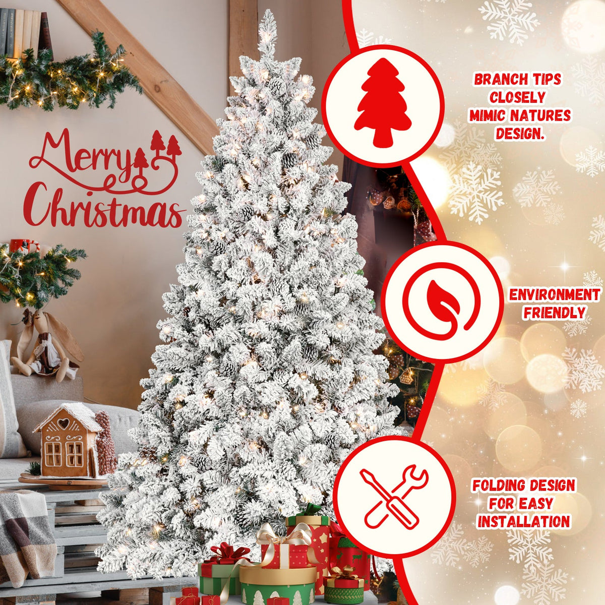 8FT Flocked Christmas Tree with 700 UL Lights and 54 Pine Cones