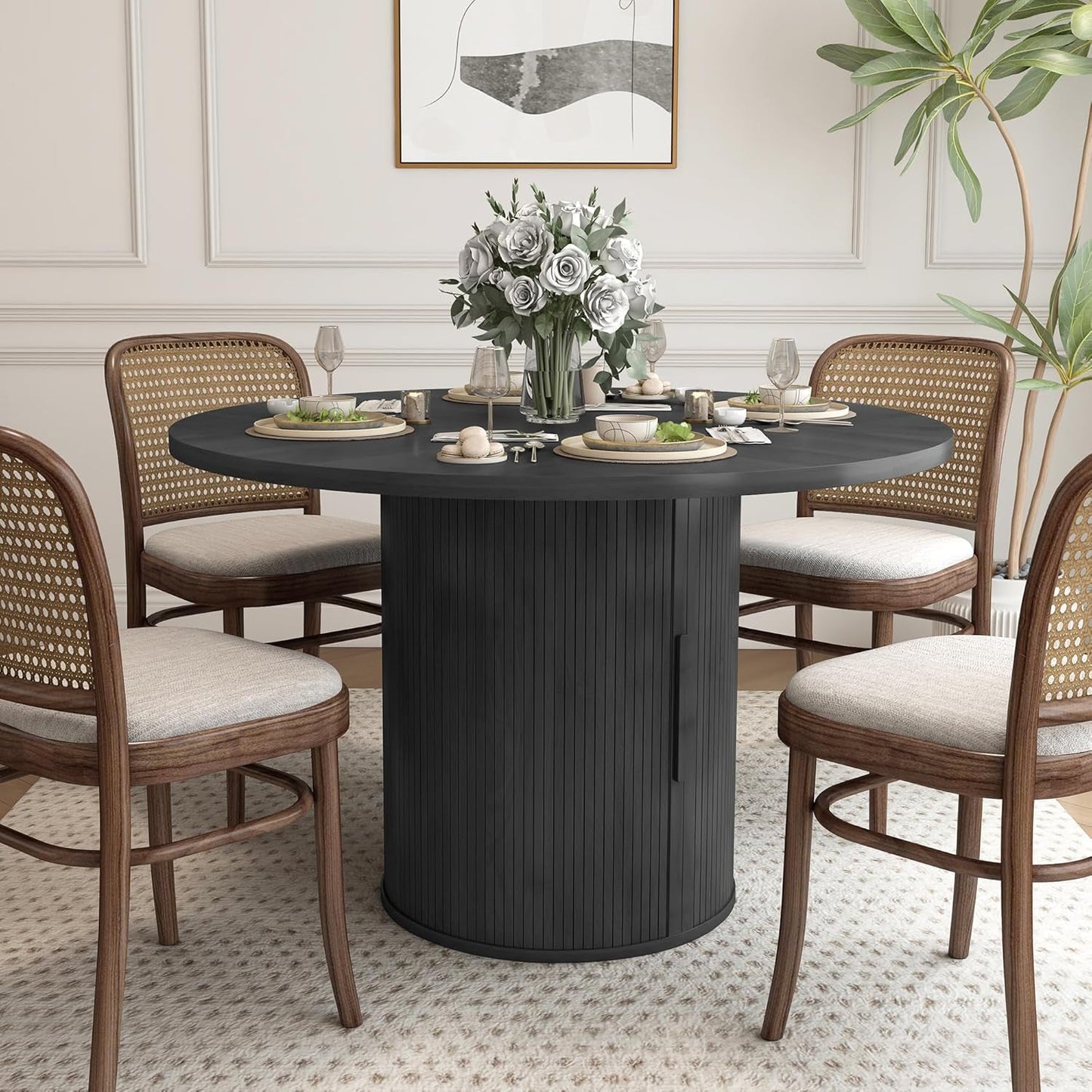 47 Inch Round Dining Table For 4 With Storage Shelf Black