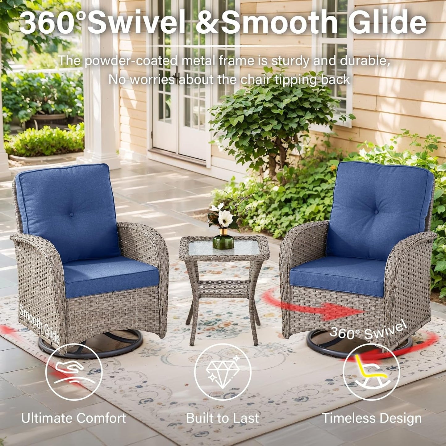 Outdoor Natural Wicker Swivel Patio Chairs Set With Glass Top Side Table