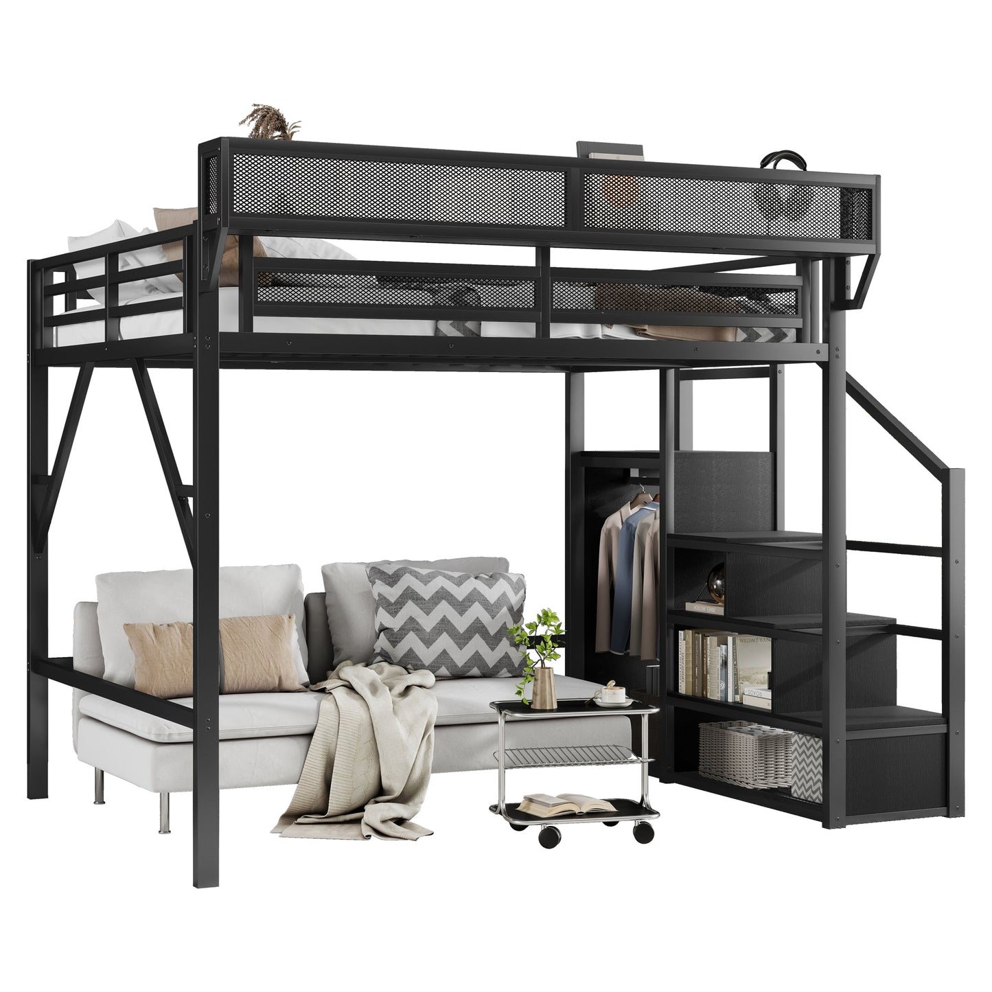 Queen Size Loft Bed with Stairs, Metal Loft Bed with Storage Shelves