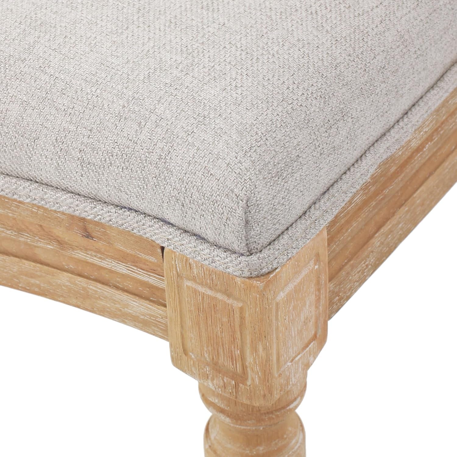 Phinnaeus Beige Polyester Fabric Dining Chairs Set Of 2 close-up view of cushion and wooden frame