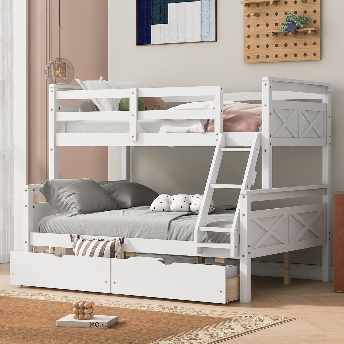 Twin Over Full Bunk Bed with Ladder, Two Storage Drawers, Safety Guardrail