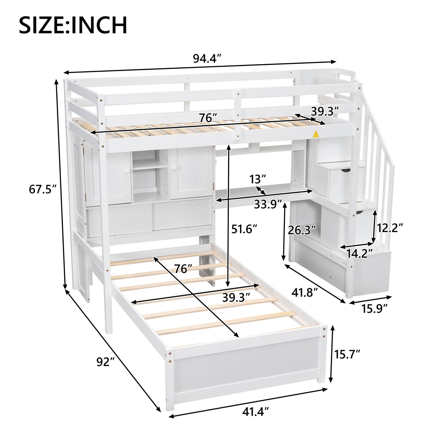 Twin Over Twin Loft Bed with Built-in Desk and Staircase