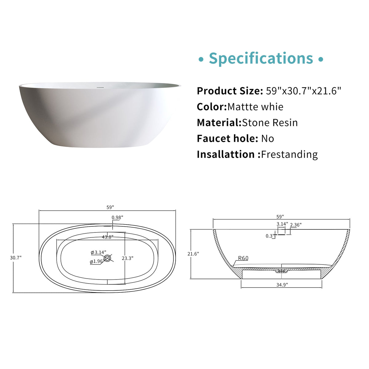 59" Solid Surface Matte Tub
