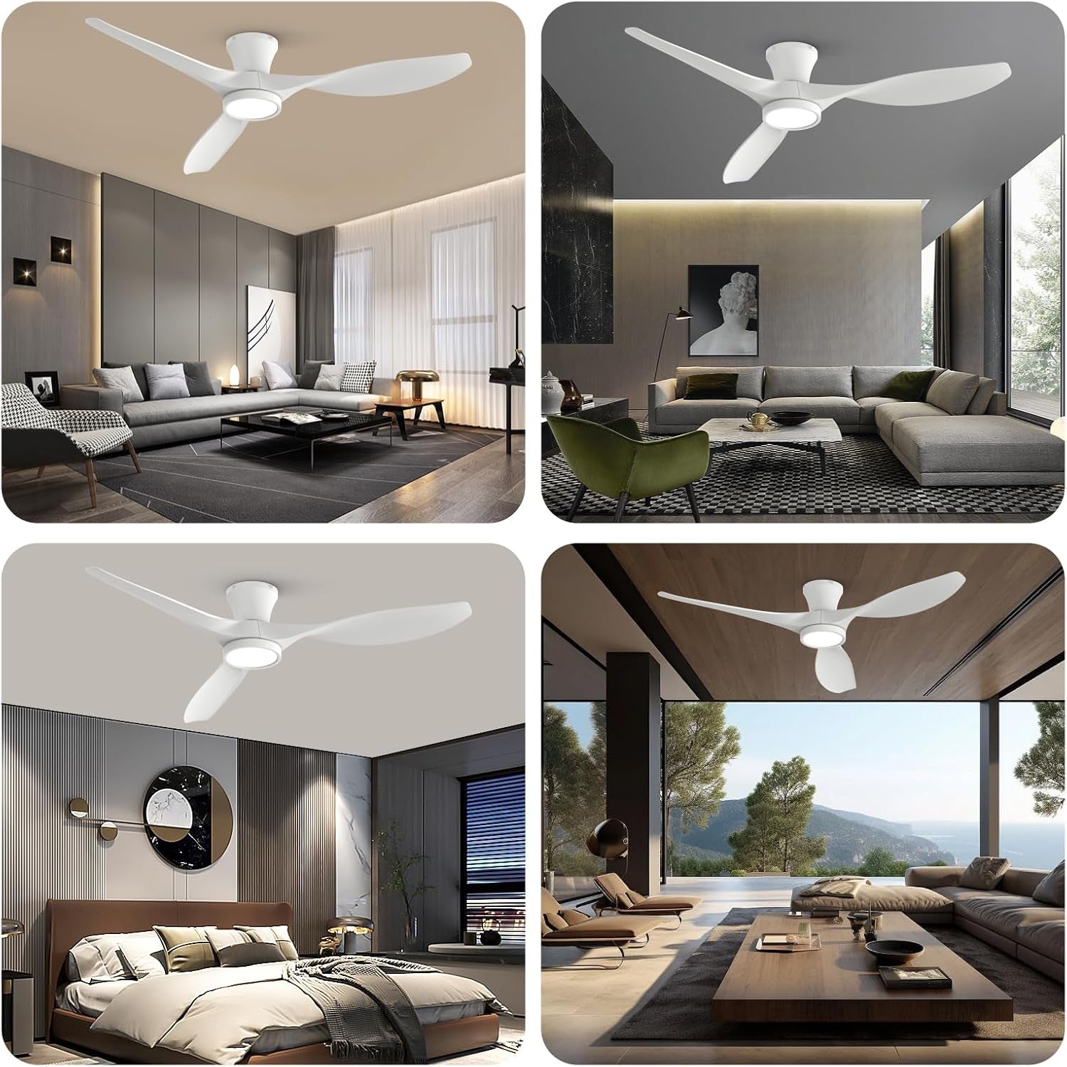 52 Inch Ceiling Fan With Remote And Quiet DC Motor showcased in modern living spaces for versatile cooling and lighting.
