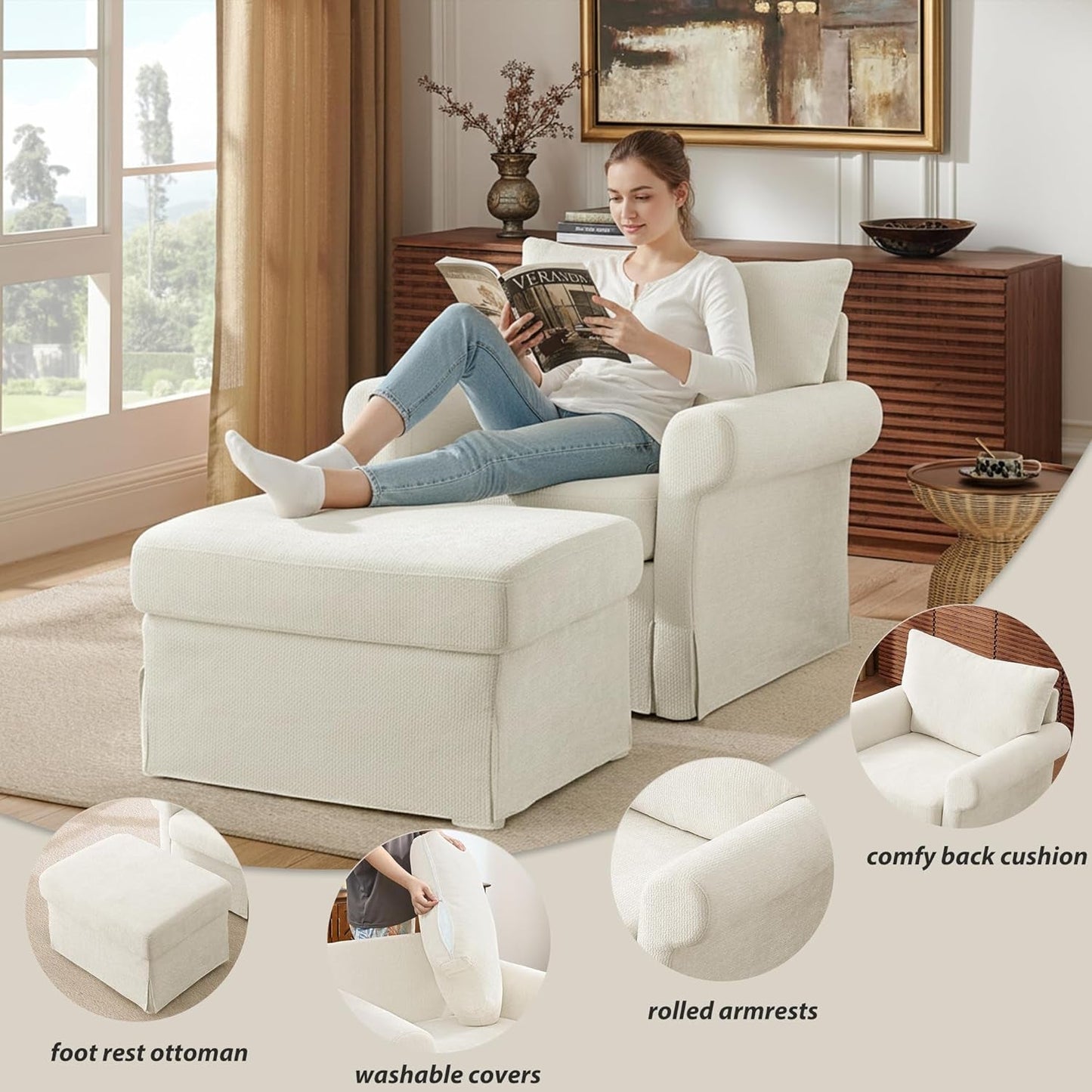 Beige Chenille Contemporary Ottoman Reading Chair Set