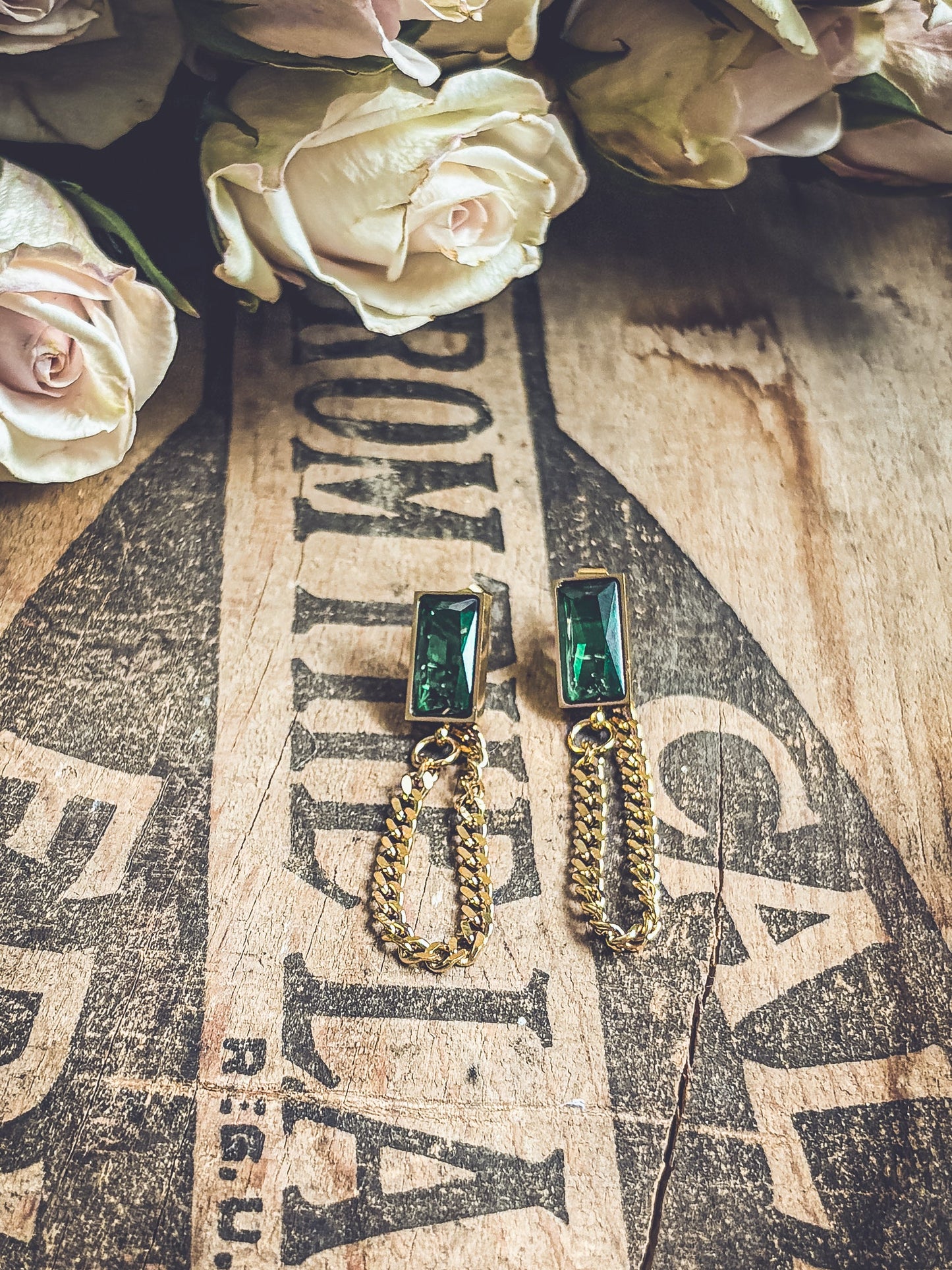 Beautiful Gold Chain and Emerald Earrings