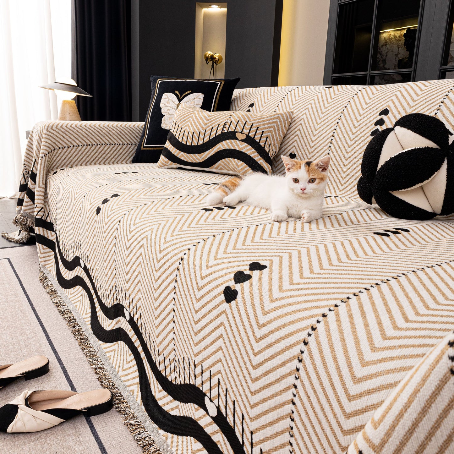 Chenille Sofa Throw Cover, Textured Chevron Decorative Couch Blanket for Living Room