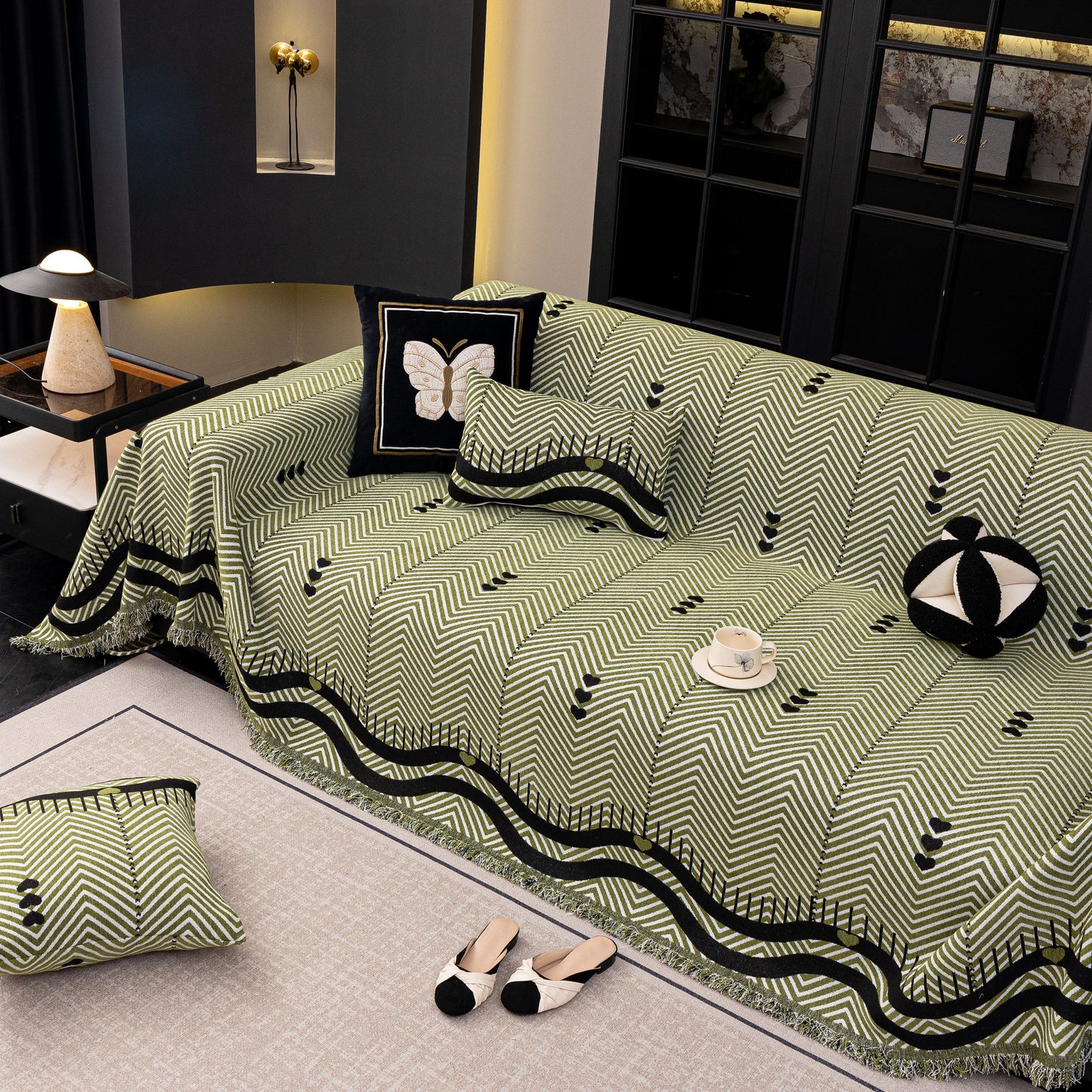 Chenille Sofa Throw Cover, Textured Chevron Decorative Couch Blanket for Living Room