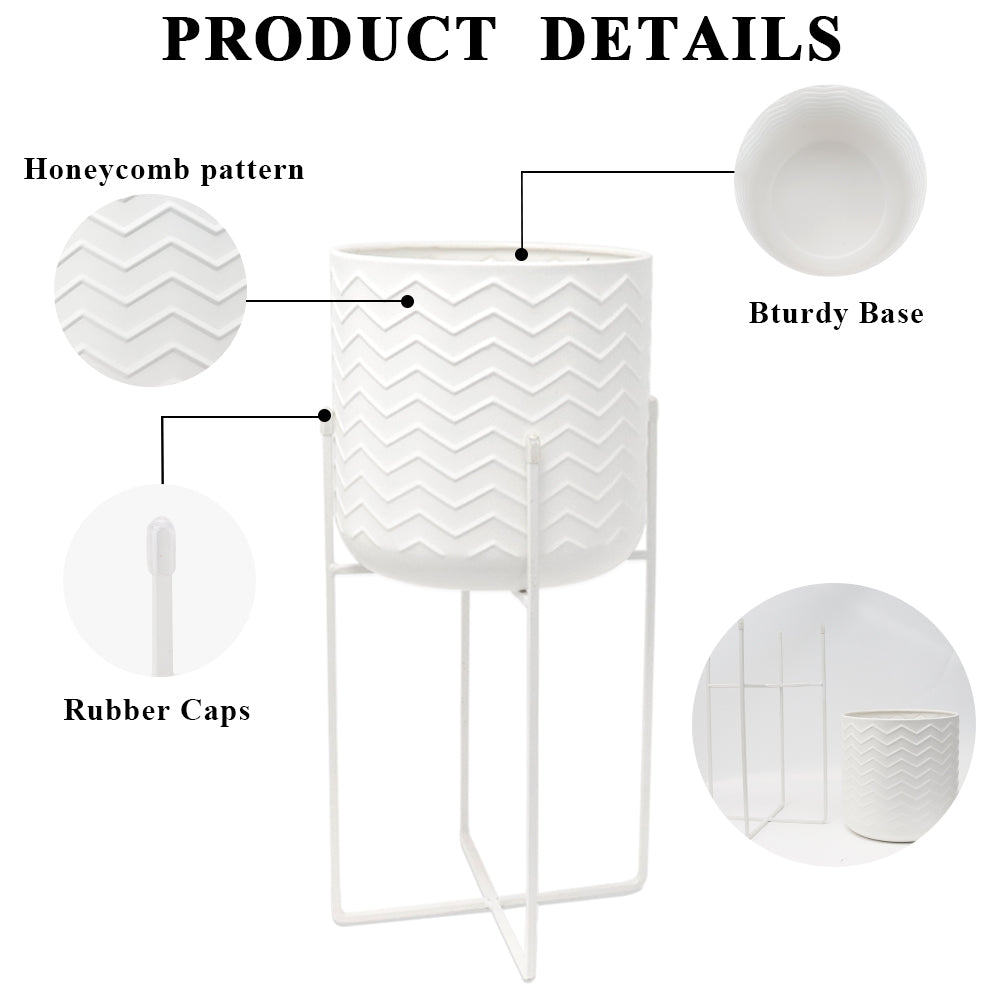 Set of 2 Planters With Stand 17&12 Tall Flower Pots Bright White product details with honeycomb pattern and sturdy base.