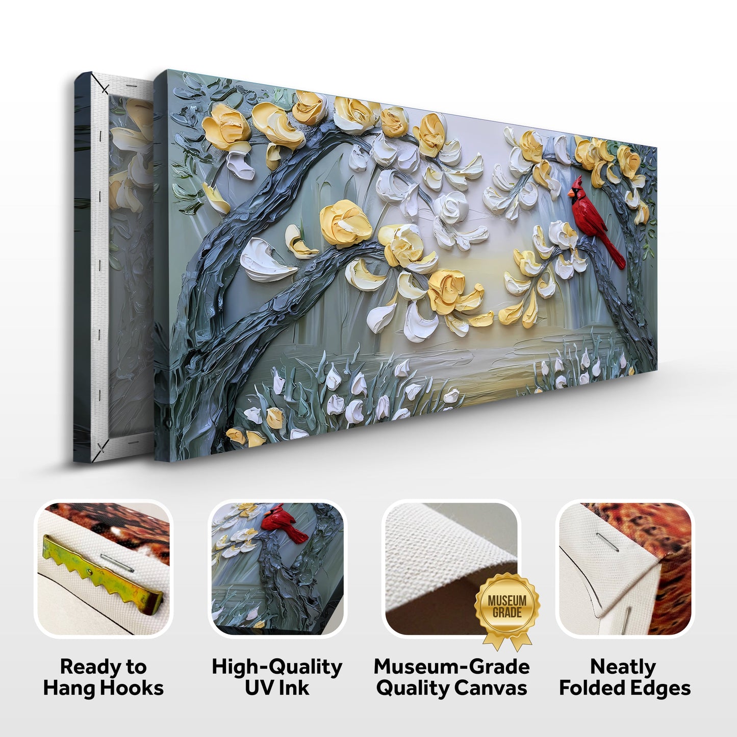 Golden Petals and Scarlet Wings Impasto Wall Art