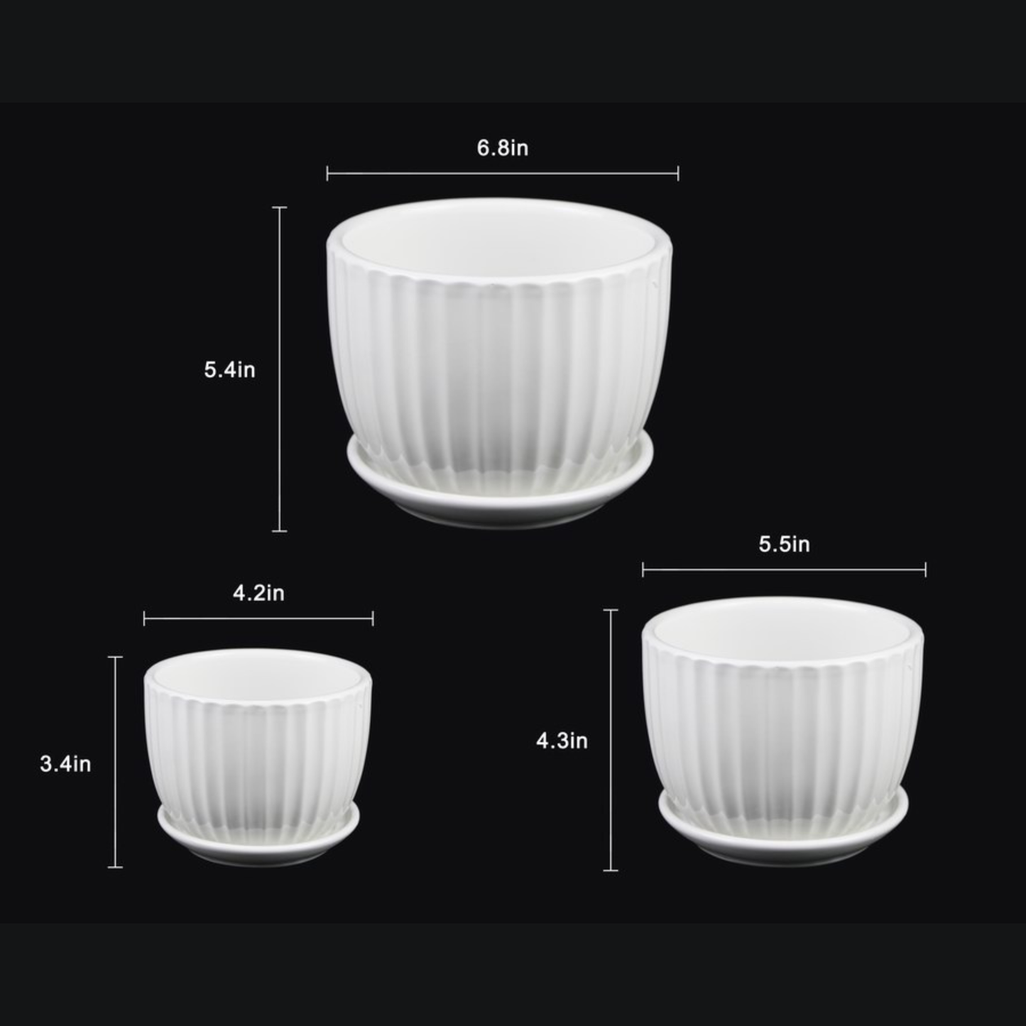 3-Piece White Ceramic Planter Pot Set with Vertical Fluted Design & Matching Saucers