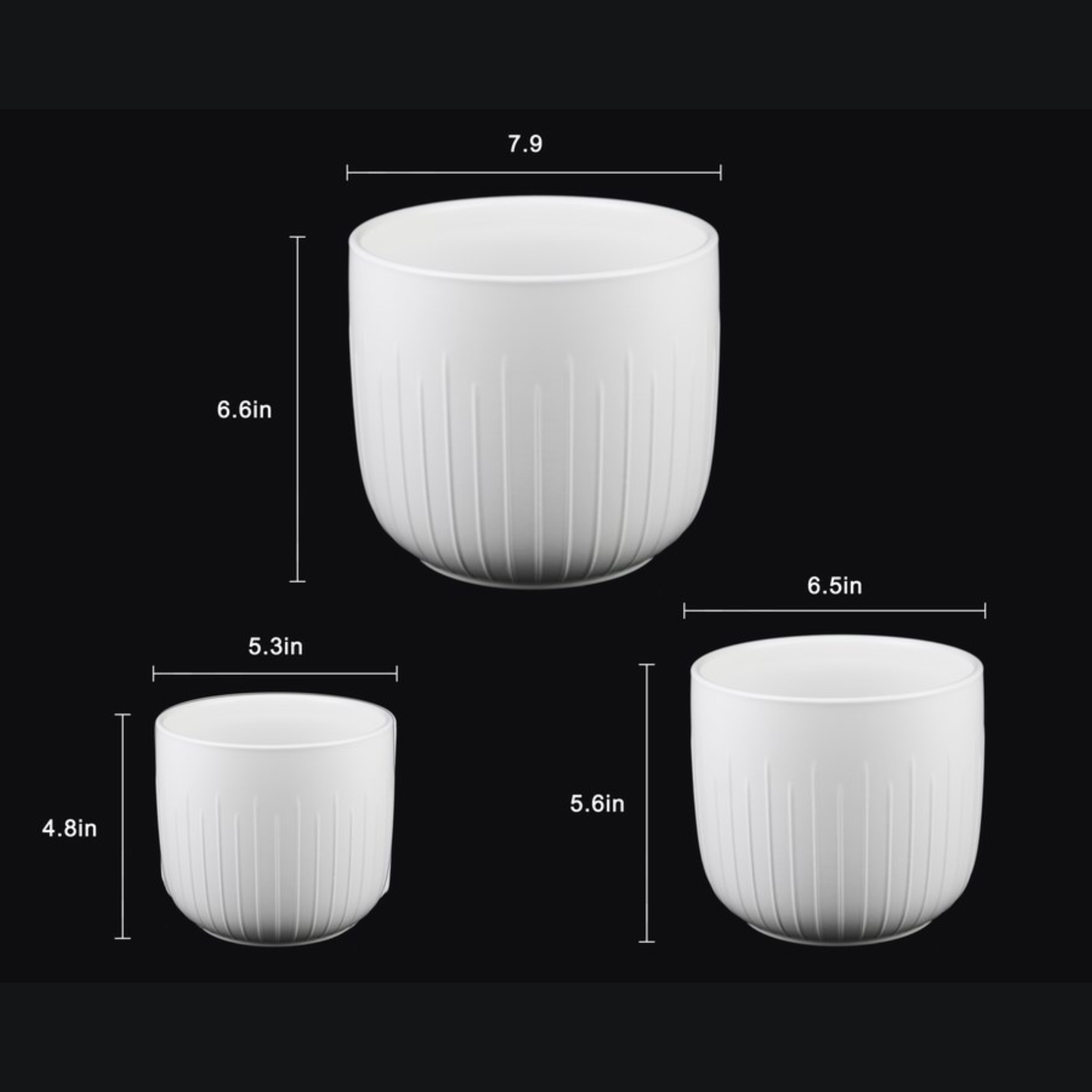 3-Piece White Stoneware Planter Pot Set with Vertical Groove Texture