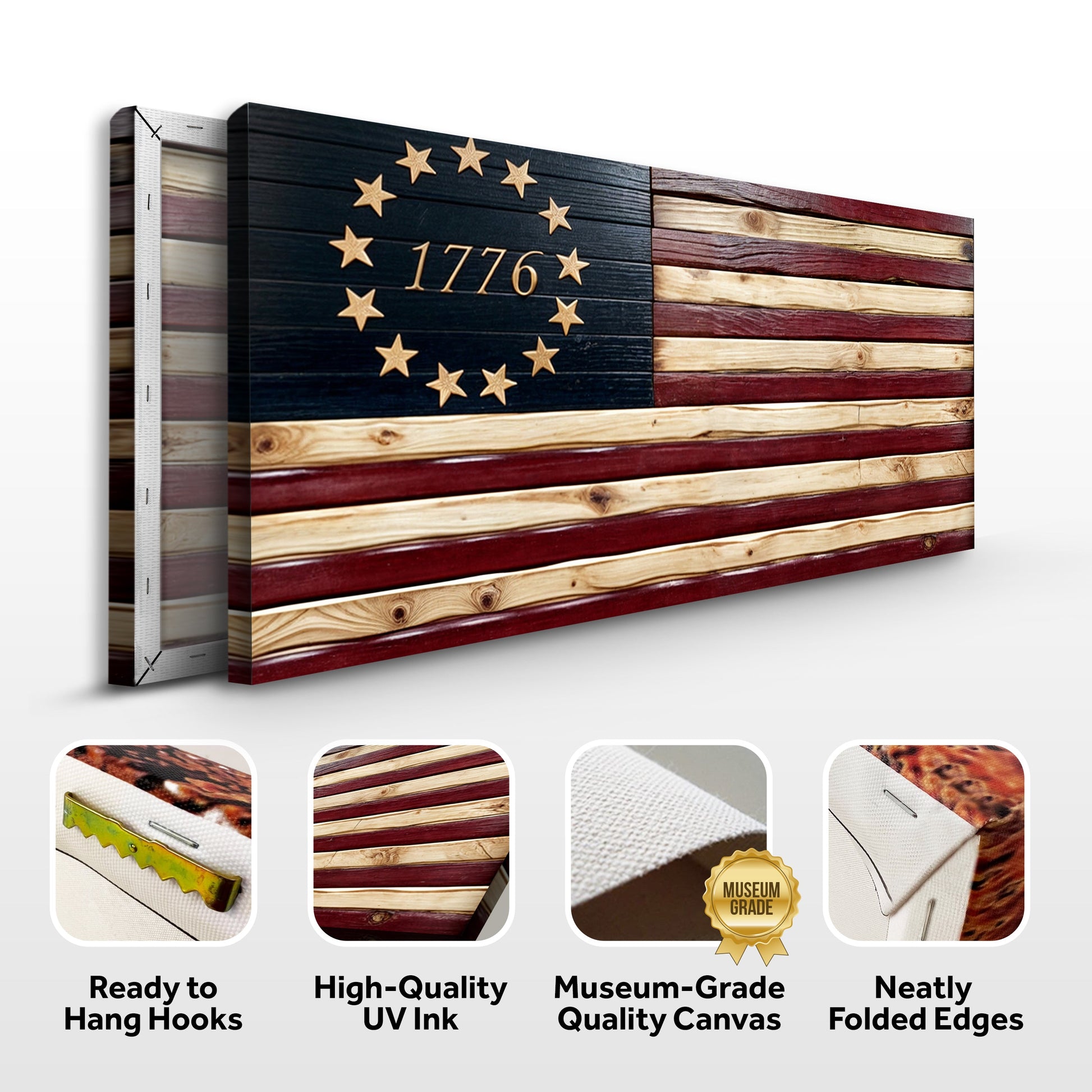 Wooden flag design with '1776' and star pattern, featuring quality assurances on a white background.