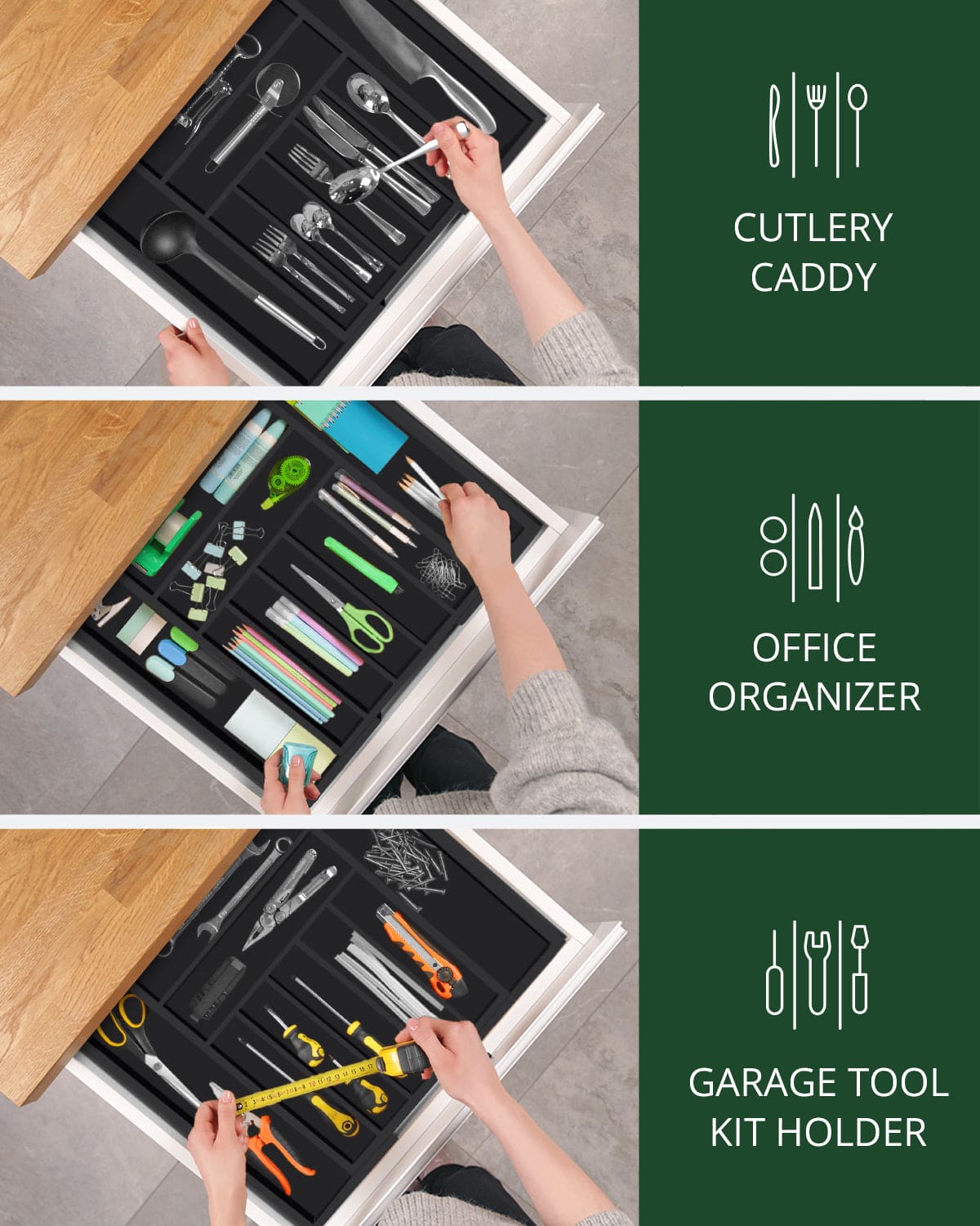 Silverware Drawer Organizer, Black (9 Slots)