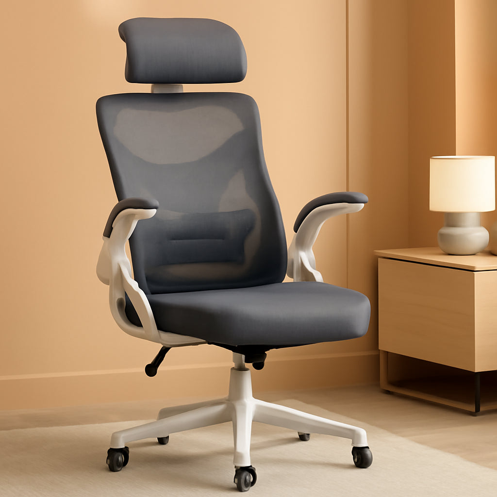 Ergonomic Mesh Office Chair White Gray With Flip Up Armrests