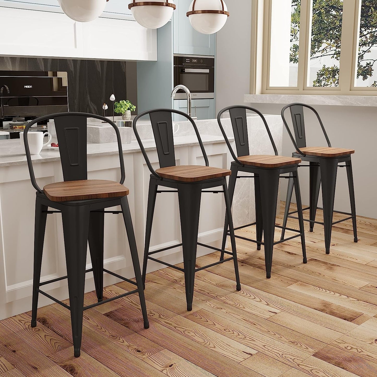 Counter Height Swivel Bar Chairs With Back Set Of 4 in a modern kitchen with wood floor and stylish decor.