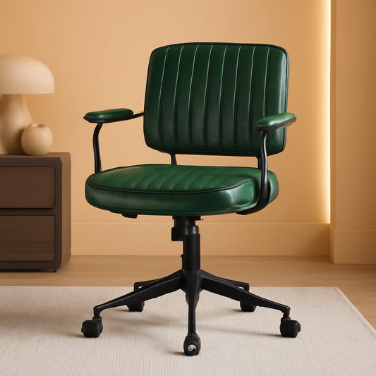 Green Leather Mid Century Office Chair With Wheels And Arms