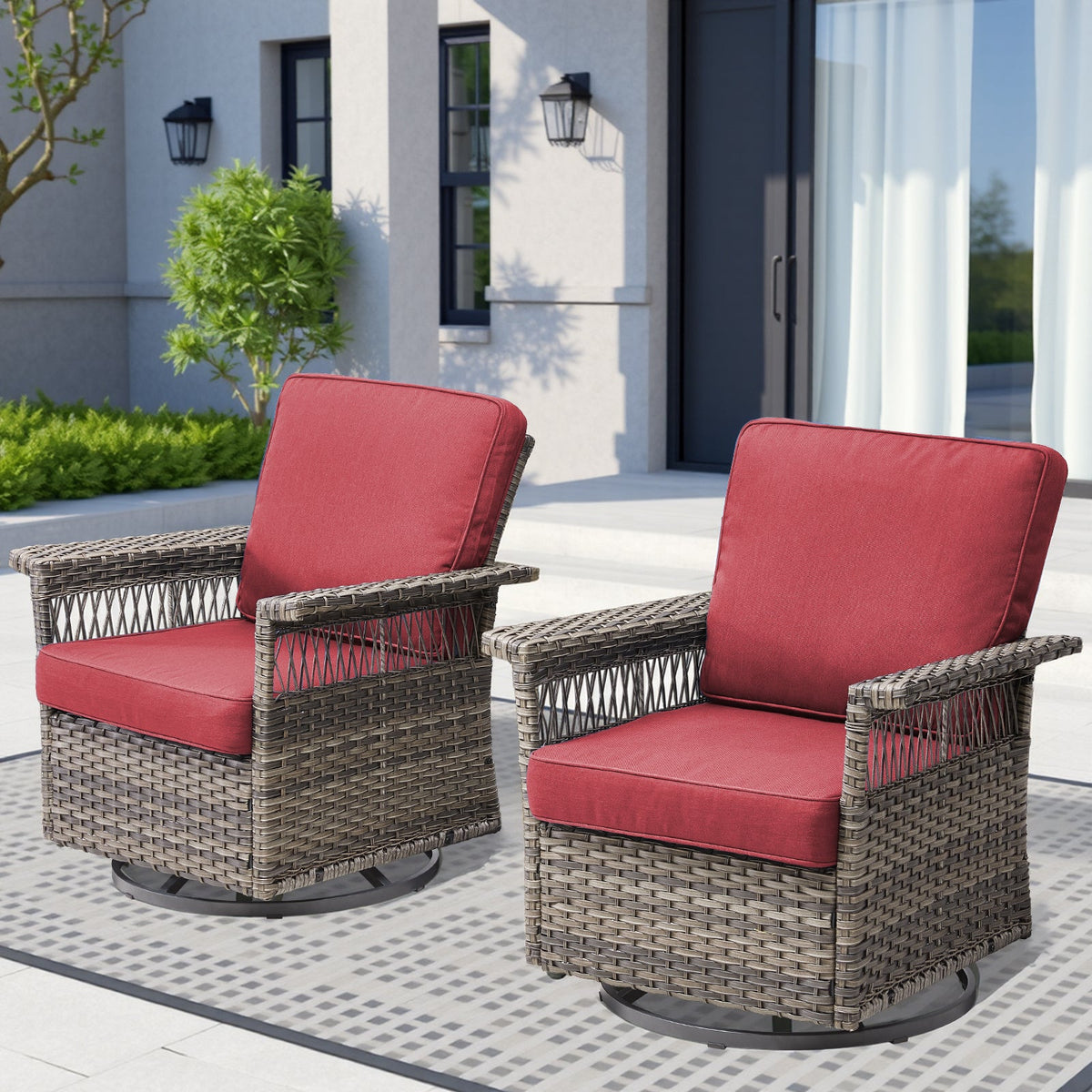 2 Piece Swivel Rocker Patio Chairs Set with 5-Inch Armrest and Thick Cushion, Gray/Red