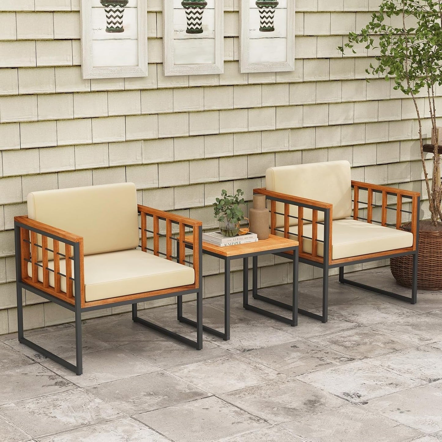 Three Piece Acacia Wood Patio Chair Set With Cushioned Seats For Balcony Porch And Backyard Beige