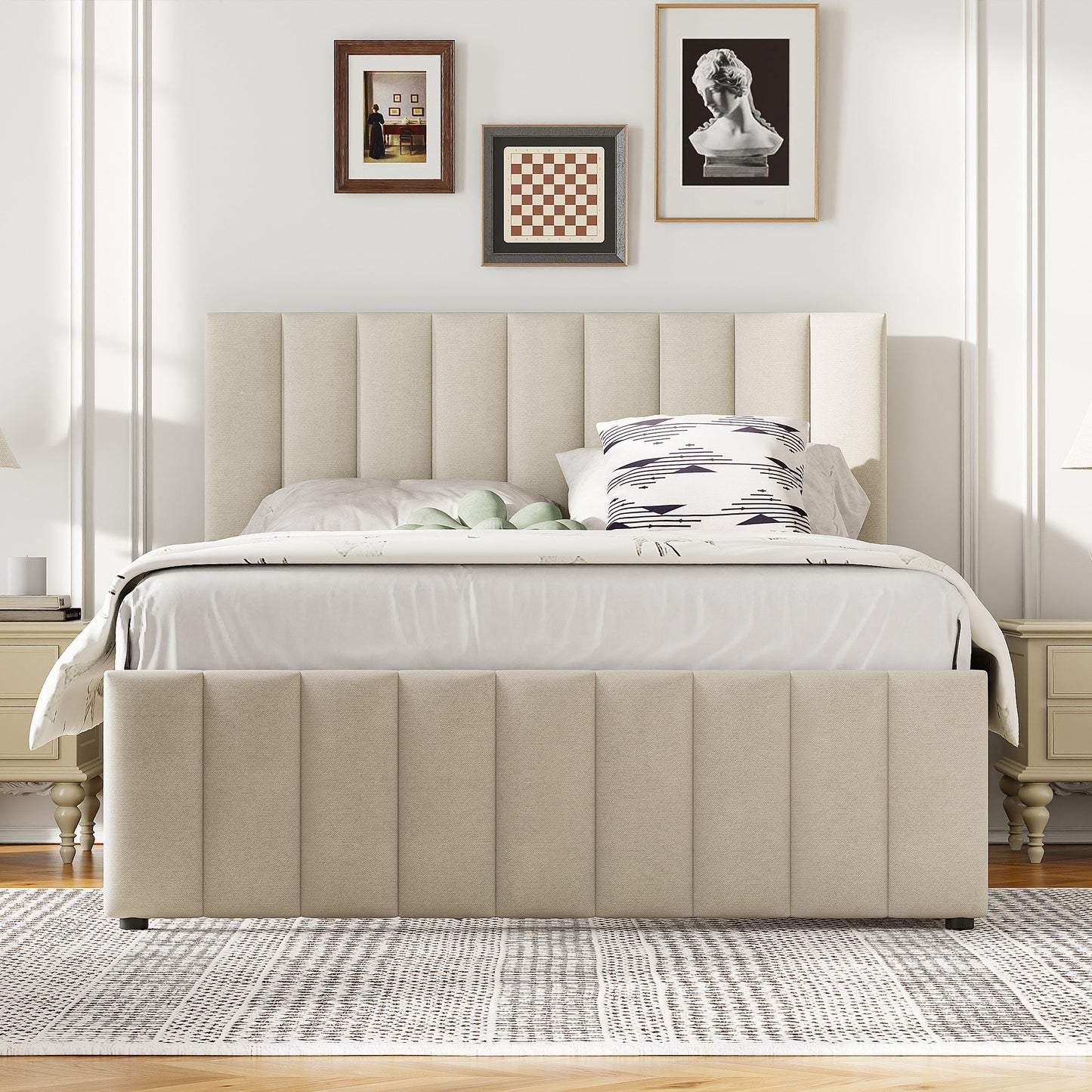 Full Size Upholstered Platform Bed with Twin Size Trundle and 3 Drawers