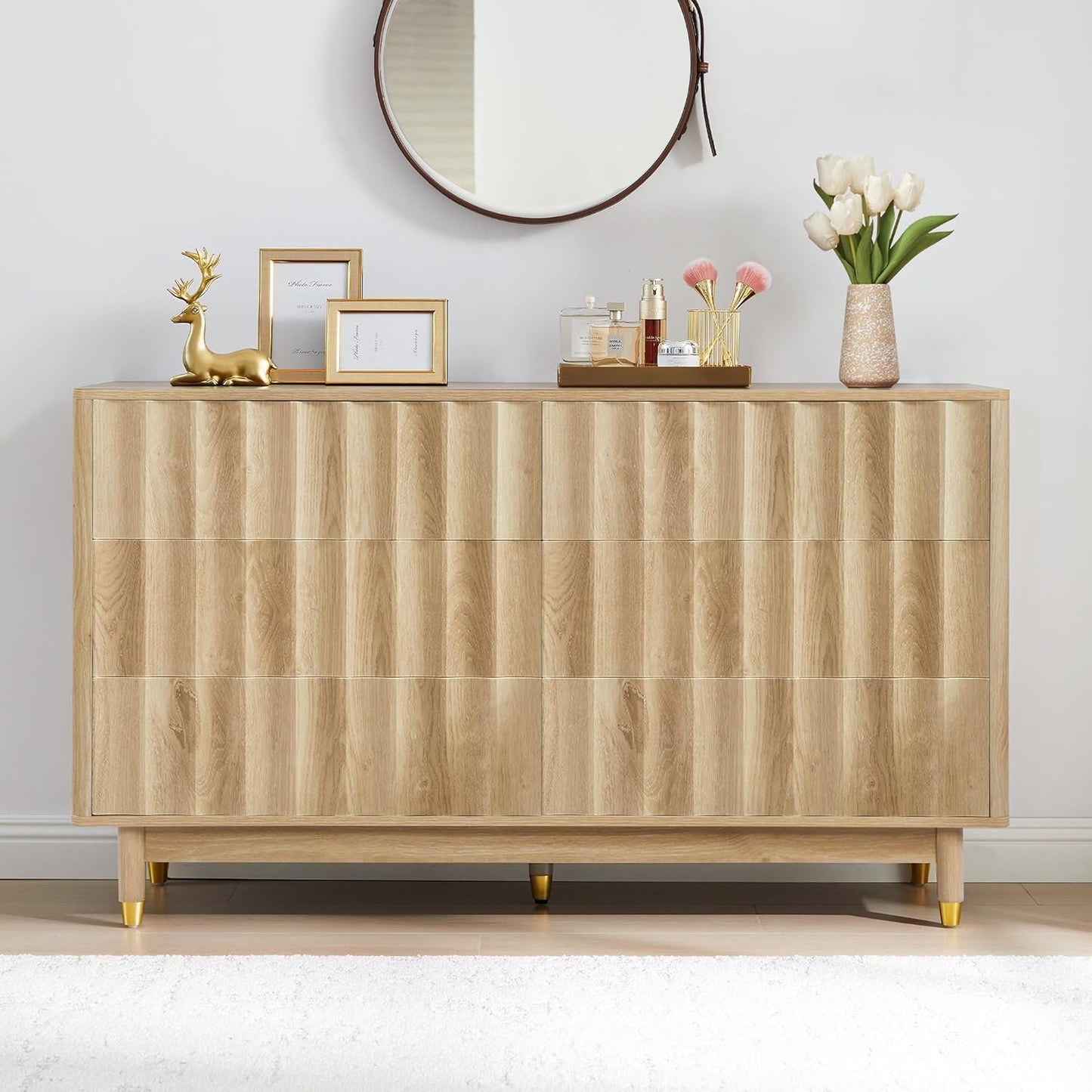 Fluted Six Drawer Dresser Walnut Finish FiftyThreeInchWide