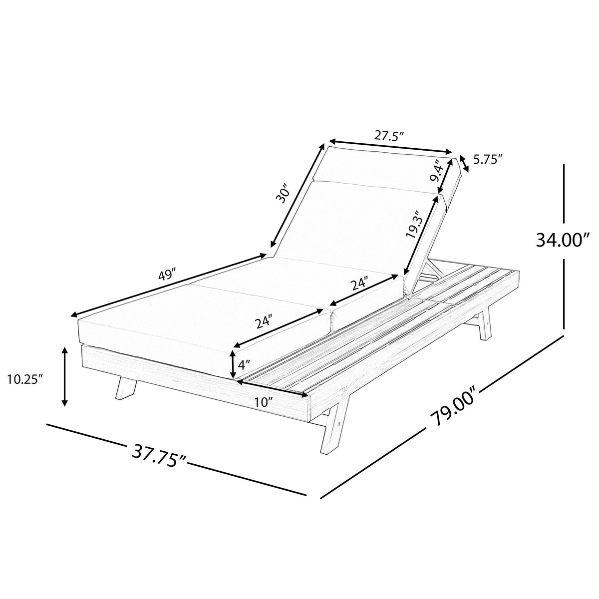 Lounge Chaise Set With Headrest, Acacia Wood