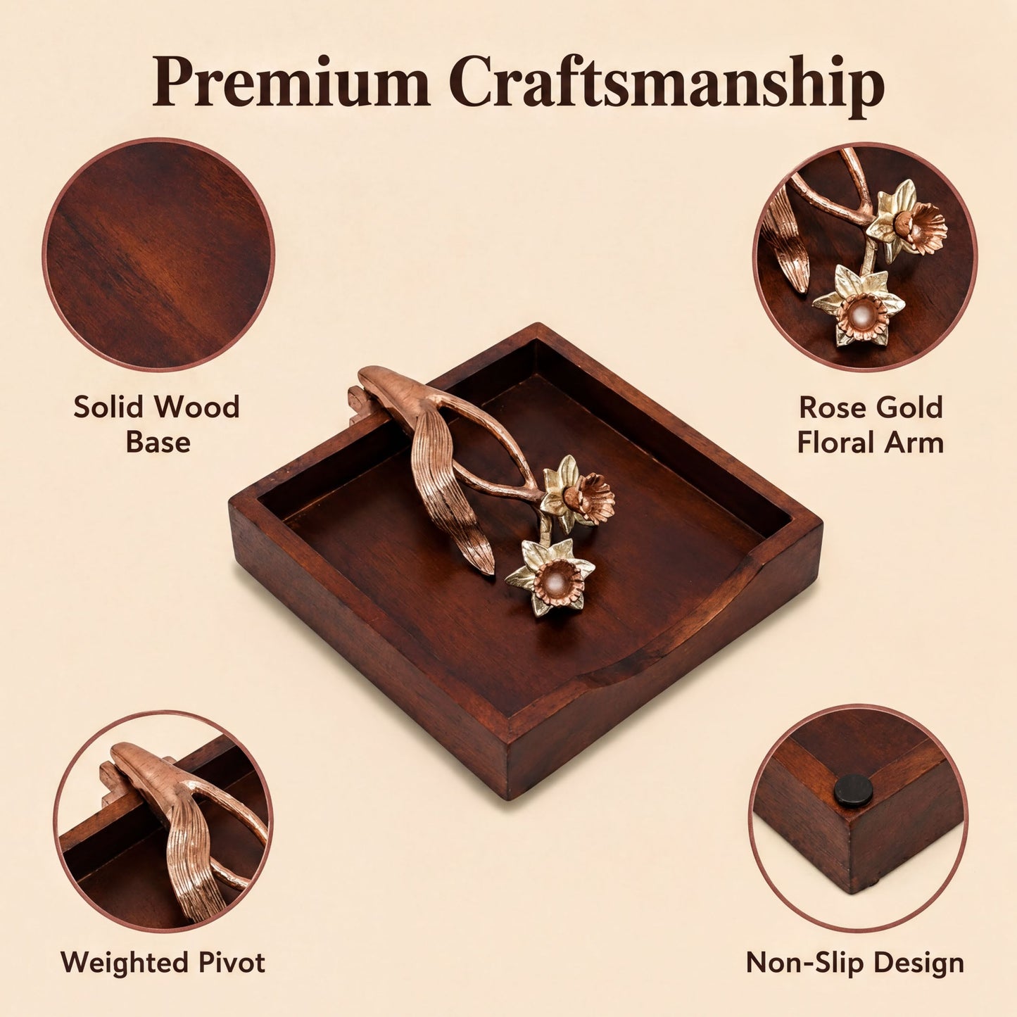 Wooden Napkin Holder – Solid Wood Kitchen Decor with Rose Gold Napkin Holder Finish
