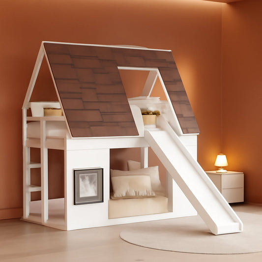 Twin Over Twin House Bunk Bed Frame White Brown With Roof