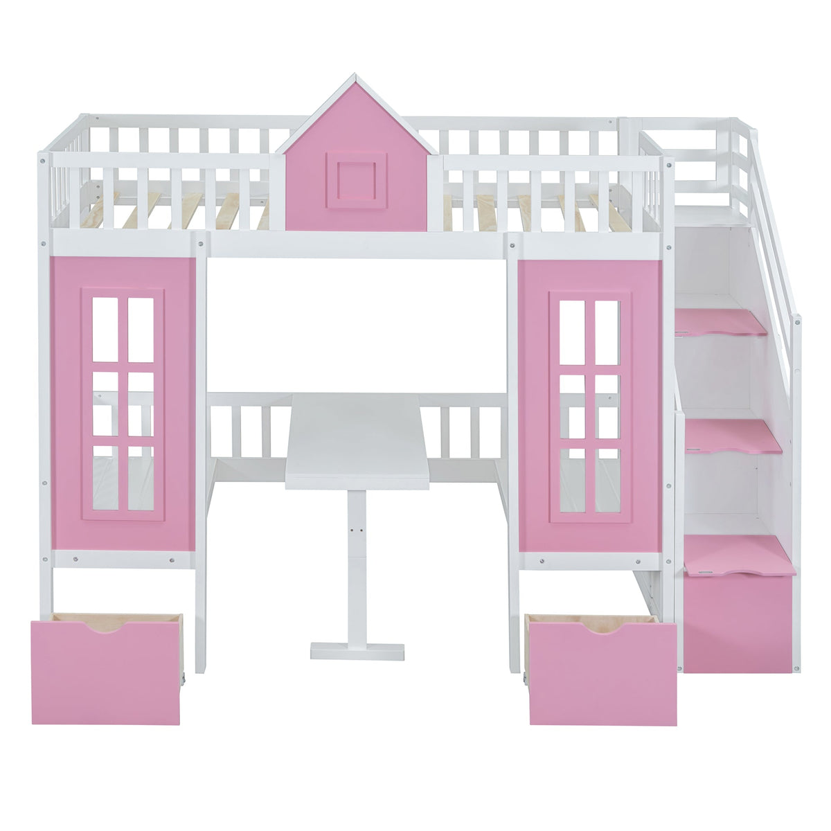 Twin-Over-Twin Bunk Bed with Changeable Table - Pink