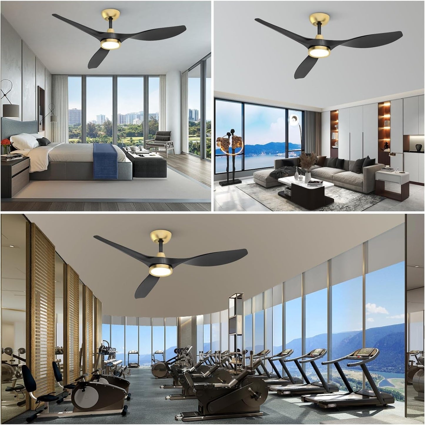 52 Inch Black Gold Indoor Ceiling Fan With LED Light in modern home and gym settings, showcasing elegant design and functionality.