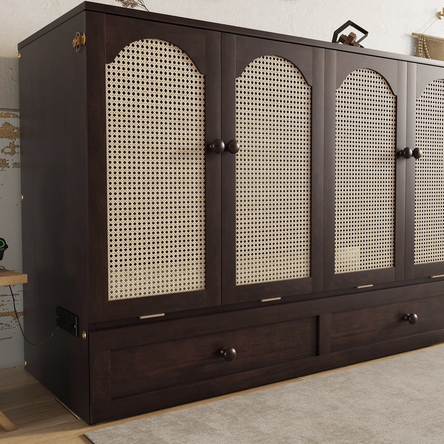 Queen Size Murphy Bed, Pine Wood Cabinet Bed with Power Station and Rattan Decoration Panel,Espresso
