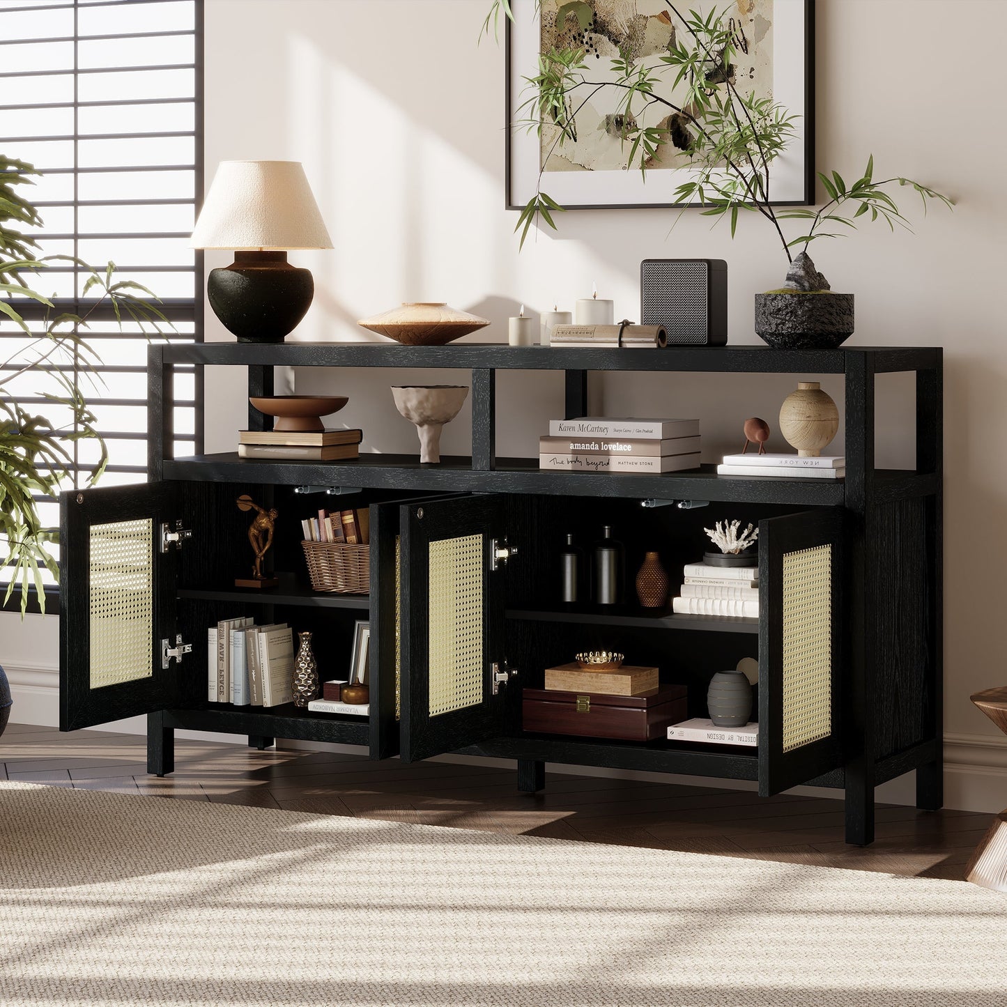 TREXM Bohemian Style Rattan Buffet Storage Cabinet with Solid Wood Frame