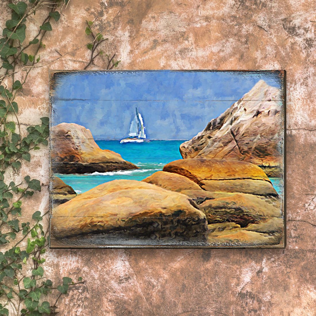Sailboat on The Rocky Shore Wooden Coastal Wall Art by Nature Wonders - Coastal Sea-Life Decor - 95274B