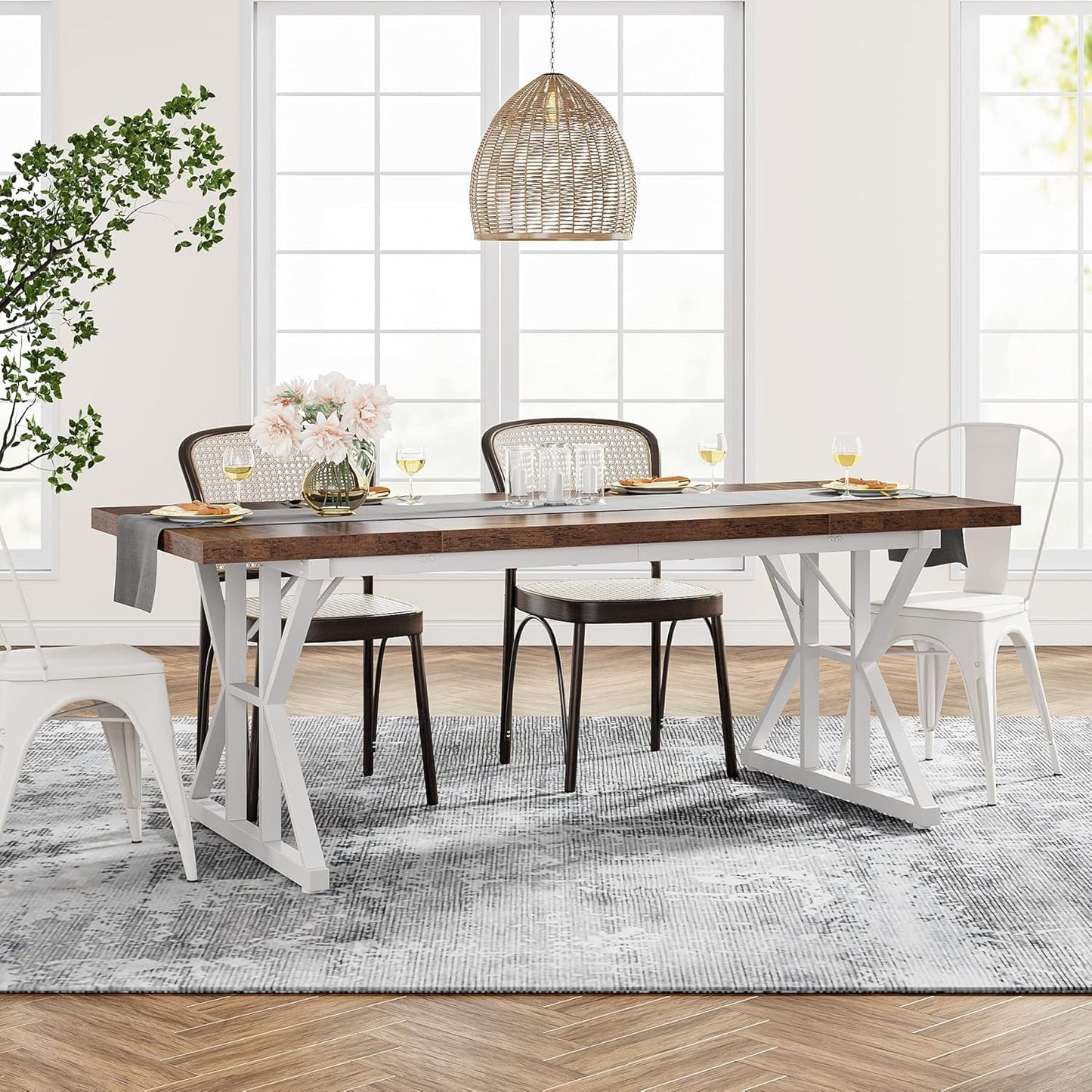 Farmhouse Dining Table For 6, 70.8 Inch Wood Table Two Tone