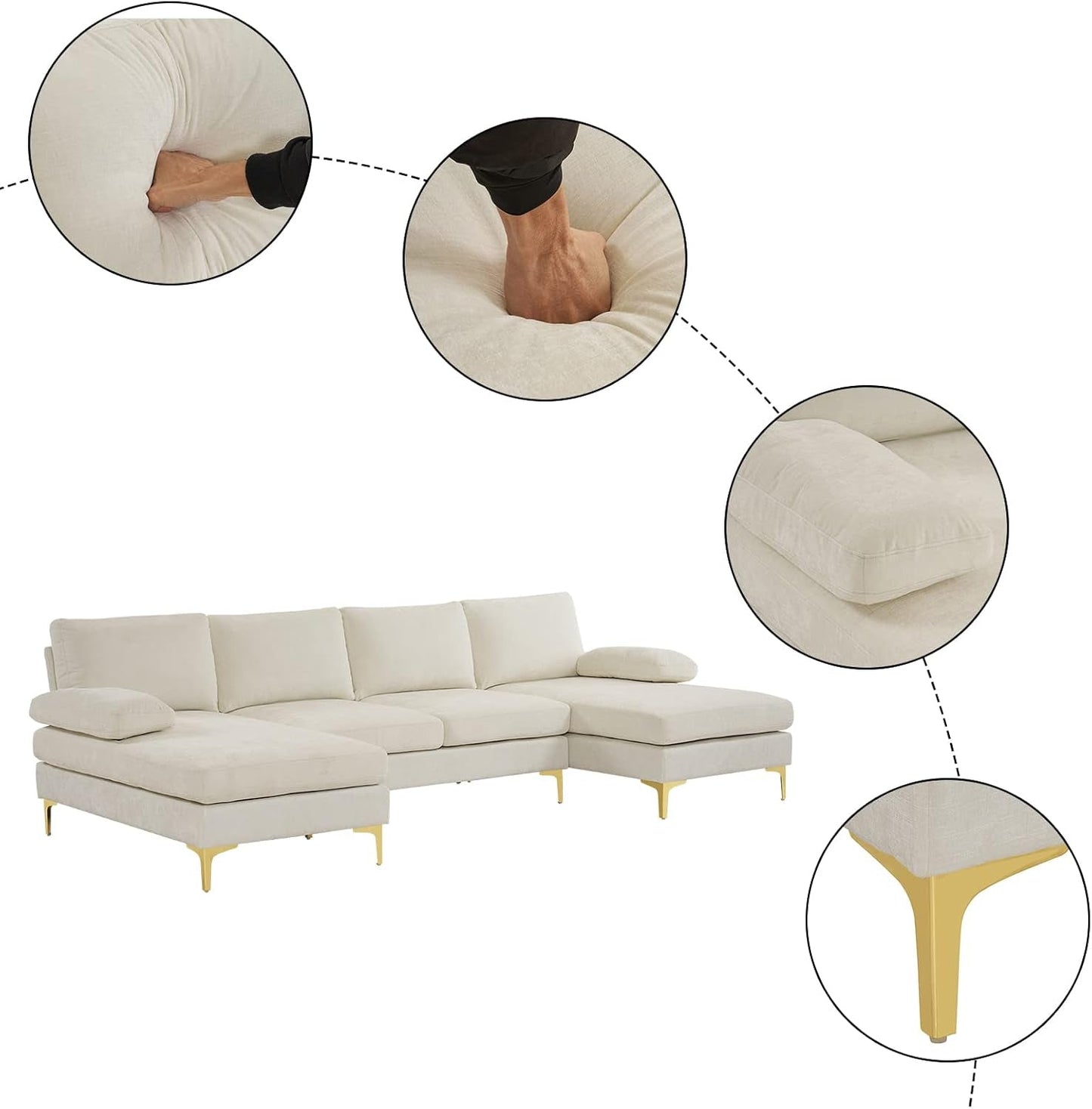 Convertible Sectional Sofa 110 Inch U Shape Creamy White