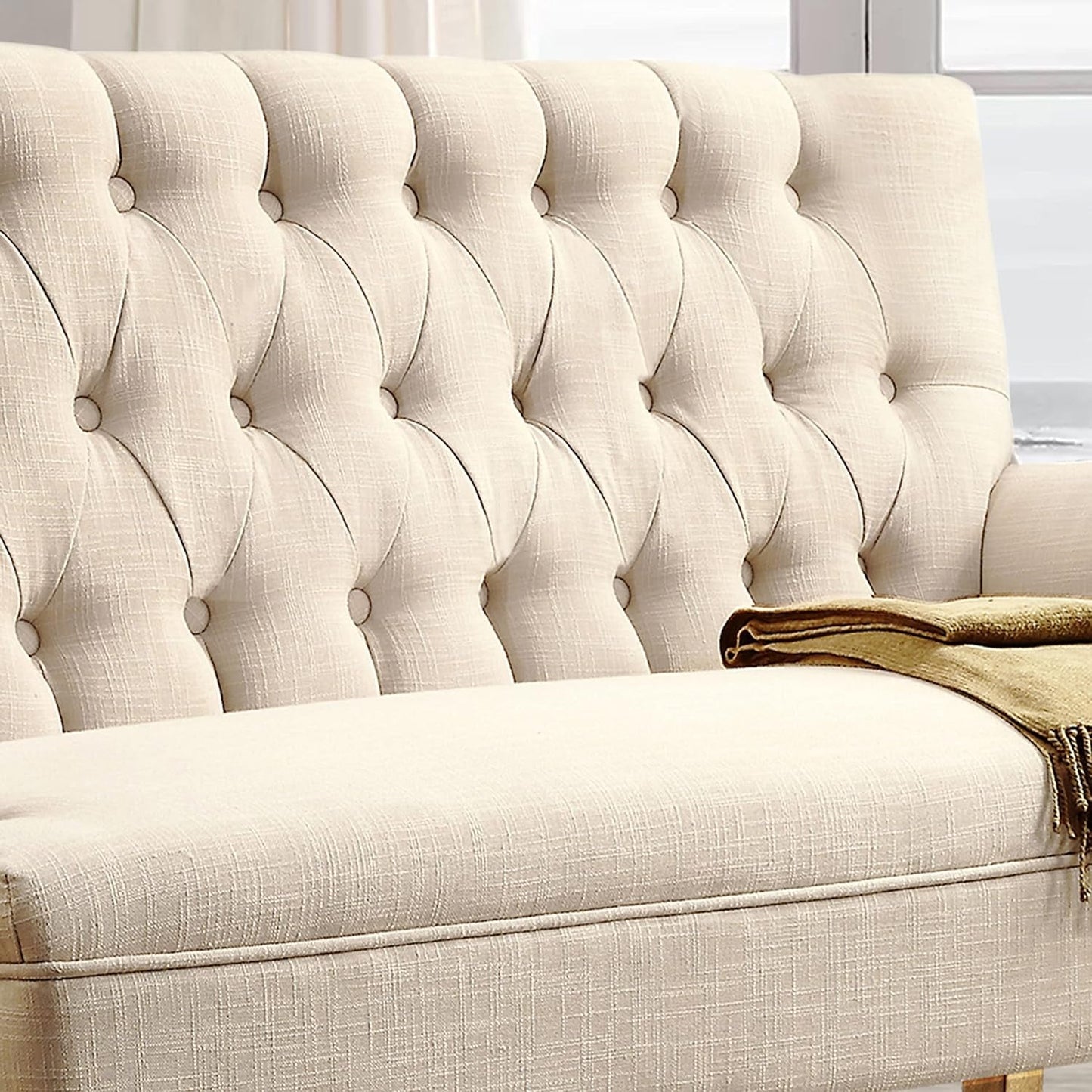 Beige Linen Loveseat Sofa With Sinuous Spring Support featuring tufted back and soft upholstery for stylish comfort.